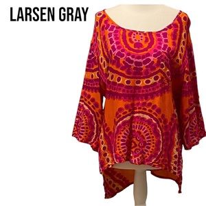 Larsen Gray BOHO MEDALLION PRINT TUNIC TOP Mandala ORANGE PINK YELLOW Medium EUC